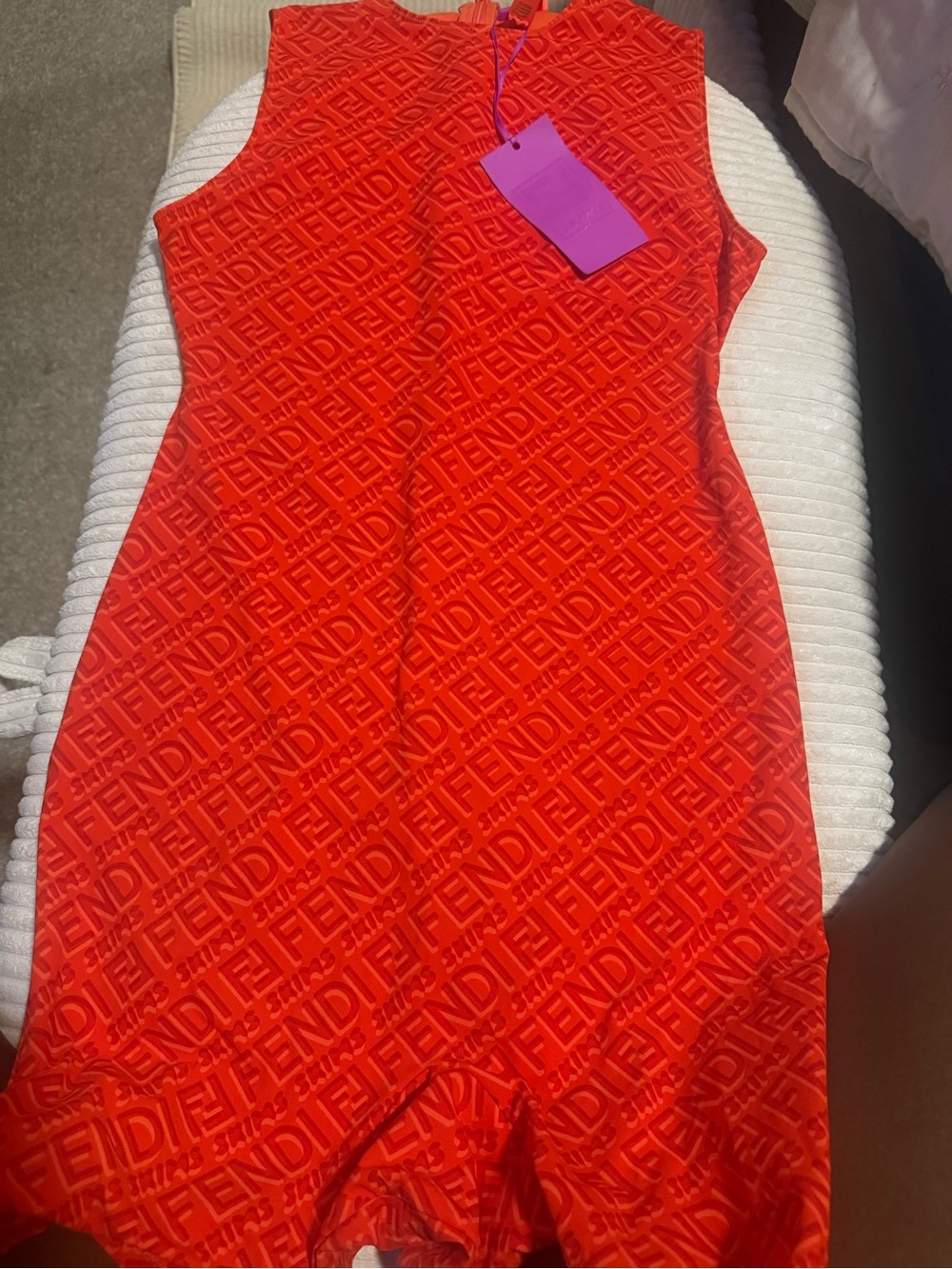 Fendi Orange-Red Sleeveless Logo-Embossed Mini Dress